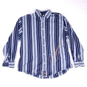 Hard Rock Embroidered Striped Western Pearl Snap Shirt Men L‎ Blue Rocker Music
